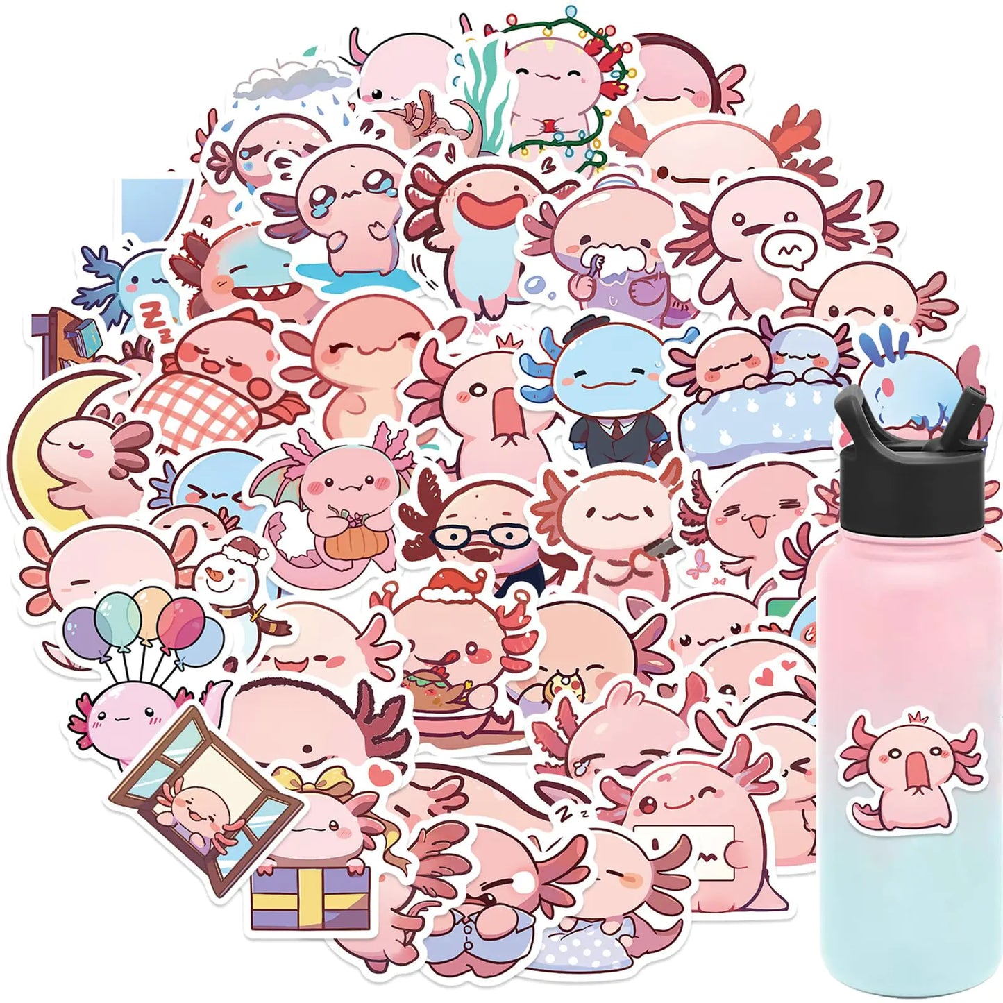 50 Pcs Pink Axolotl Vinyl Stickers - Water Bottle & Laptop Decals